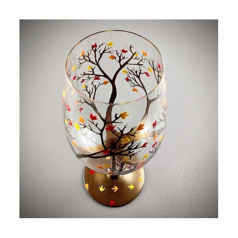 2pcs Autumn Tree Wine Glass - Fall Colors - Leaves Of Red, Yellow, Orange - Hand Painted - Fall Leaf