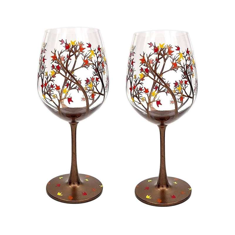 2pcs Autumn Tree Wine Glass - Fall Colors - Leaves Of Red, Yellow, Orange - Hand Painted - Fall Leaf