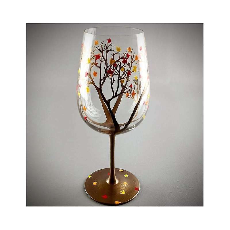 2pcs Autumn Tree Wine Glass - Fall Colors - Leaves Of Red, Yellow, Orange - Hand Painted - Fall Leaf