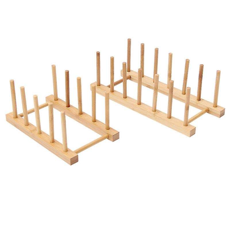 2PCS Bamboo Dish Plate Bowl Cup Book Pot Lid Cutting Board Drying Rack Stand Drainer Storage Holder