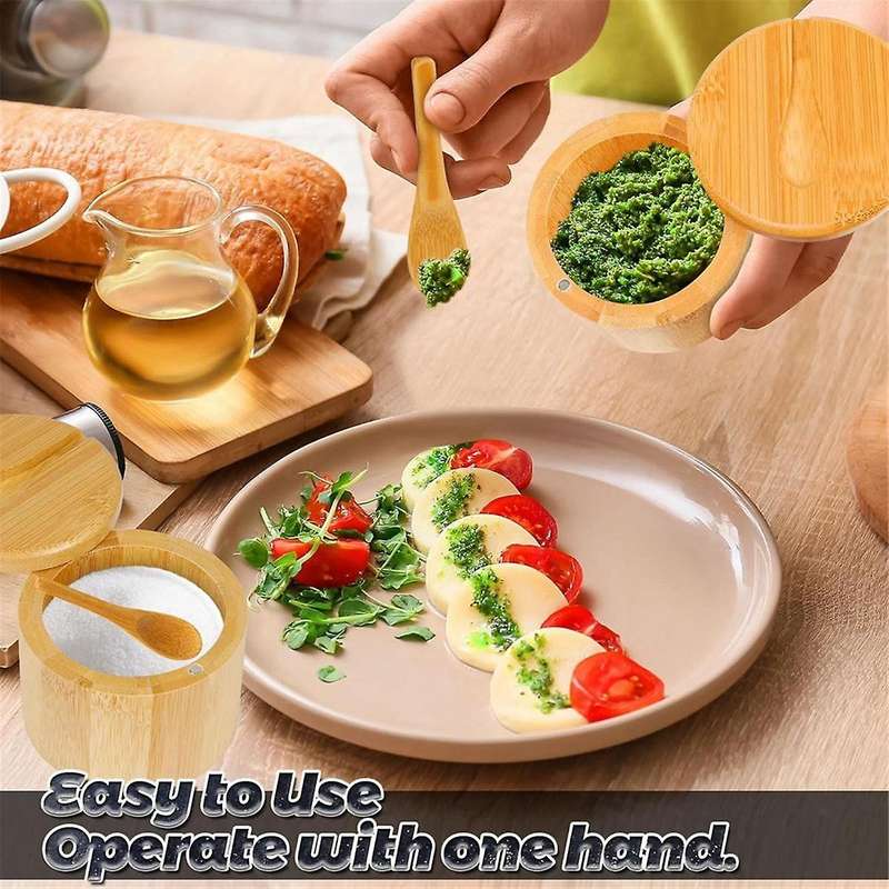 2Pcs Bamboo Salt Cellar Spice Storage Box with Magnetic Swivel Lid & Spoon for Pepper, Table Salt, G