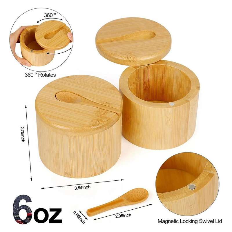 2Pcs Bamboo Salt Cellar Spice Storage Box with Magnetic Swivel Lid & Spoon for Pepper, Table Salt, G