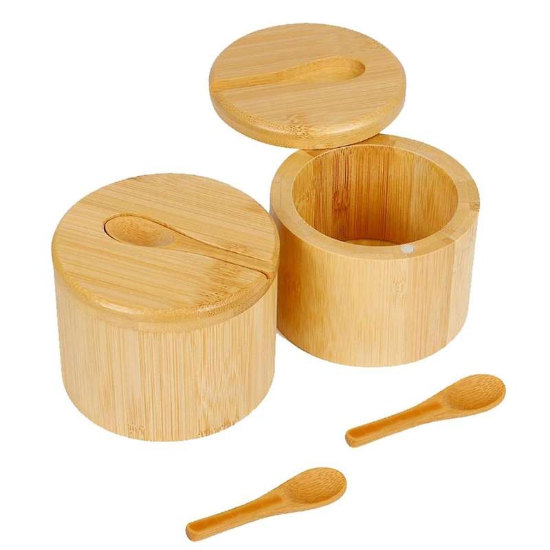 2Pcs Bamboo Salt Cellar Spice Storage Box with Magnetic Swivel Lid & Spoon for Pepper, Table Salt, G