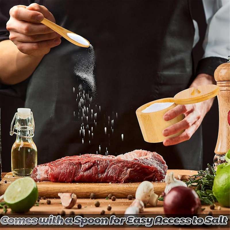 2Pcs Bamboo Salt Cellar Spice Storage Box with Magnetic Swivel Lid & Spoon for Pepper, Table Salt, G