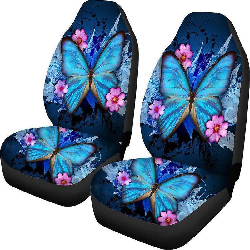 2Pcs Blue Butterfly Little Pink Flower Car Universal Seat Cushion Cover Car Decorative Seat Cover