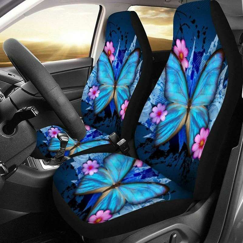 2Pcs Blue Butterfly Little Pink Flower Car Universal Seat Cushion Cover Car Decorative Seat Cover