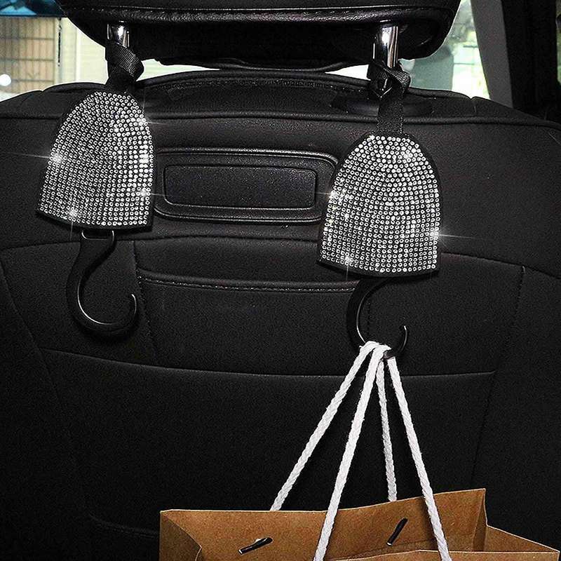 2Pcs Bling Crystal Diamond Car Back Seat Hook Conceal Headrest Hanger Universal Car Accessories ()