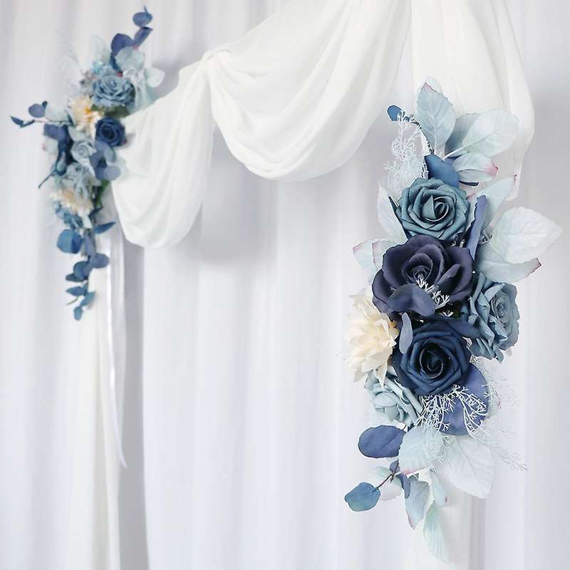 2Pcs Blue Set Wedding Arch Backdrop Fake Flower Row Wall Hanging Corner Flower Party Decor