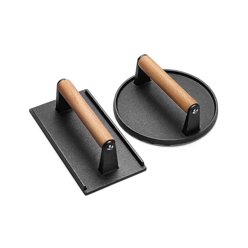 2PCS Burgers Press Rectangle Heavy-Duty Cast Iron Smash Bacon Press Meat Steak with Wood Handle for