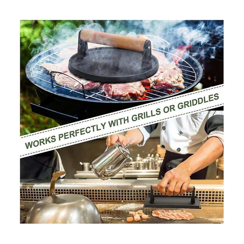 2PCS Burgers Press Rectangle Heavy-Duty Cast Iron Smash Bacon Press Meat Steak with Wood Handle for