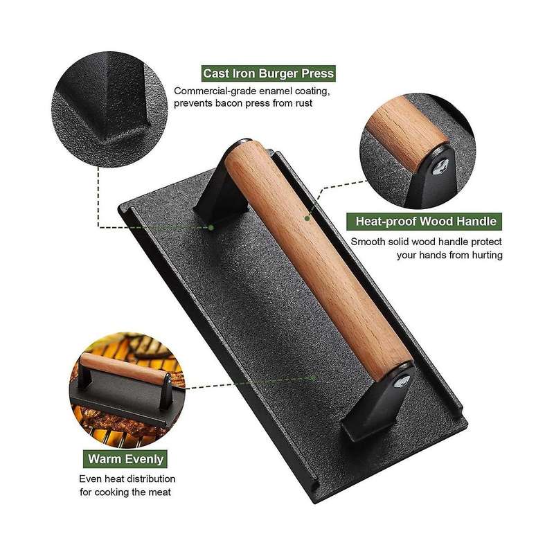 2pcs Burgers Press Rectangle Heavy-duty Cast Iron Smash Bacon Press Meat Steak with Wood Handle for