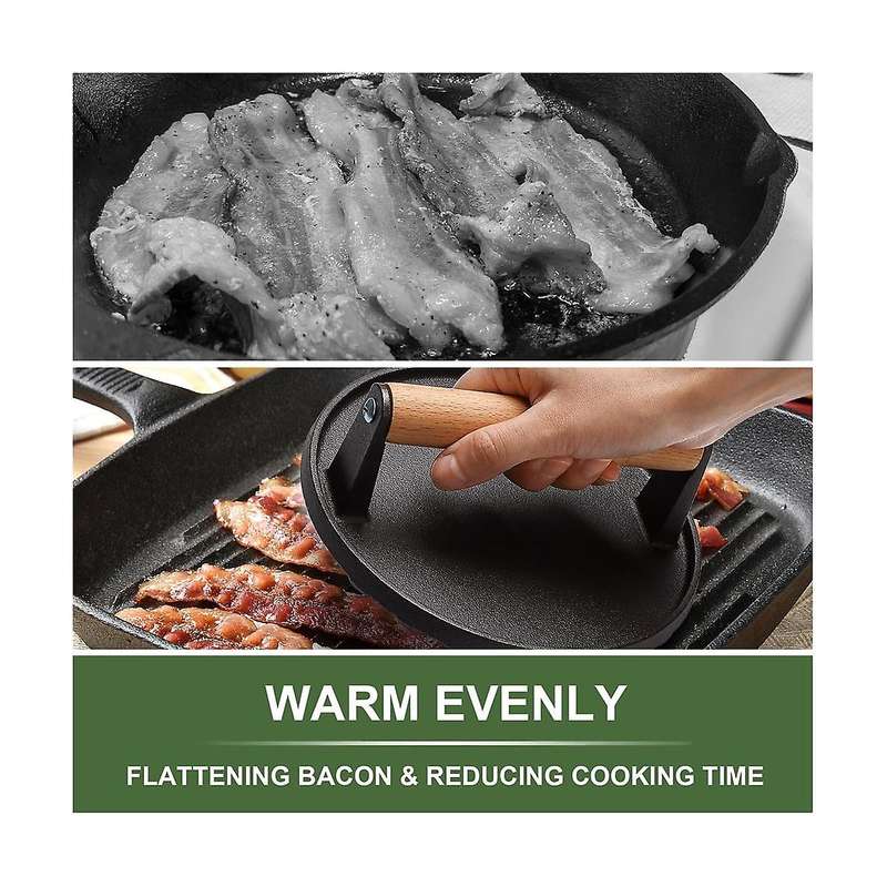 2pcs Burgers Press Rectangle Heavy-duty Cast Iron Smash Bacon Press Meat Steak with Wood Handle for