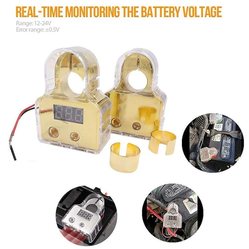 2Pcs Car Battery Terminal Connectors Voltmeter Display 12V-24V Positive Negative Battery Clamp Audio