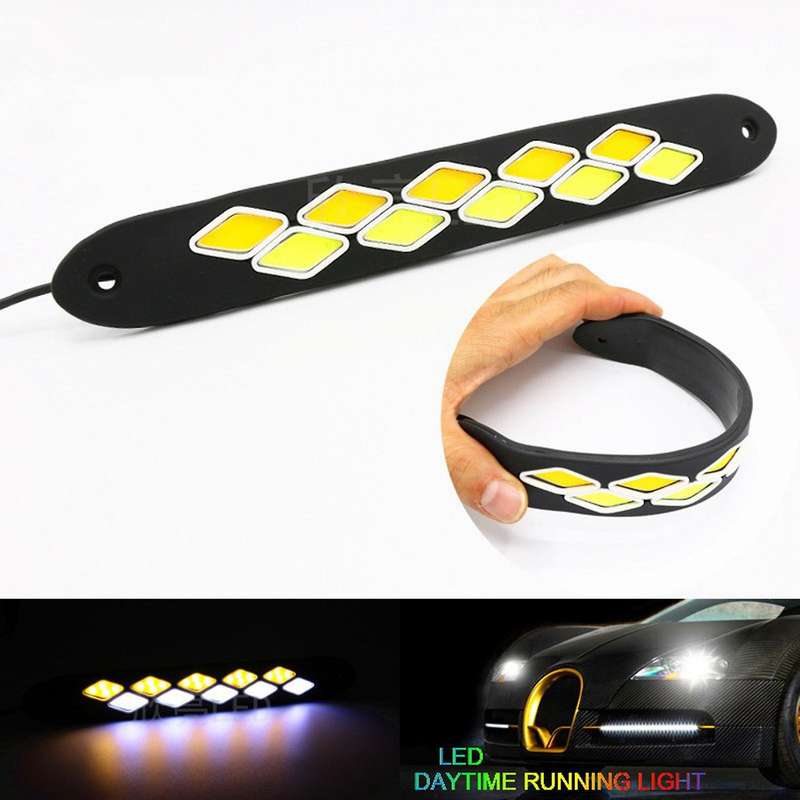 2PCS Car DRL Turn Signal Bendable LED Daytime Running Light 12V Waterproof COB White and Yellow Ligh
