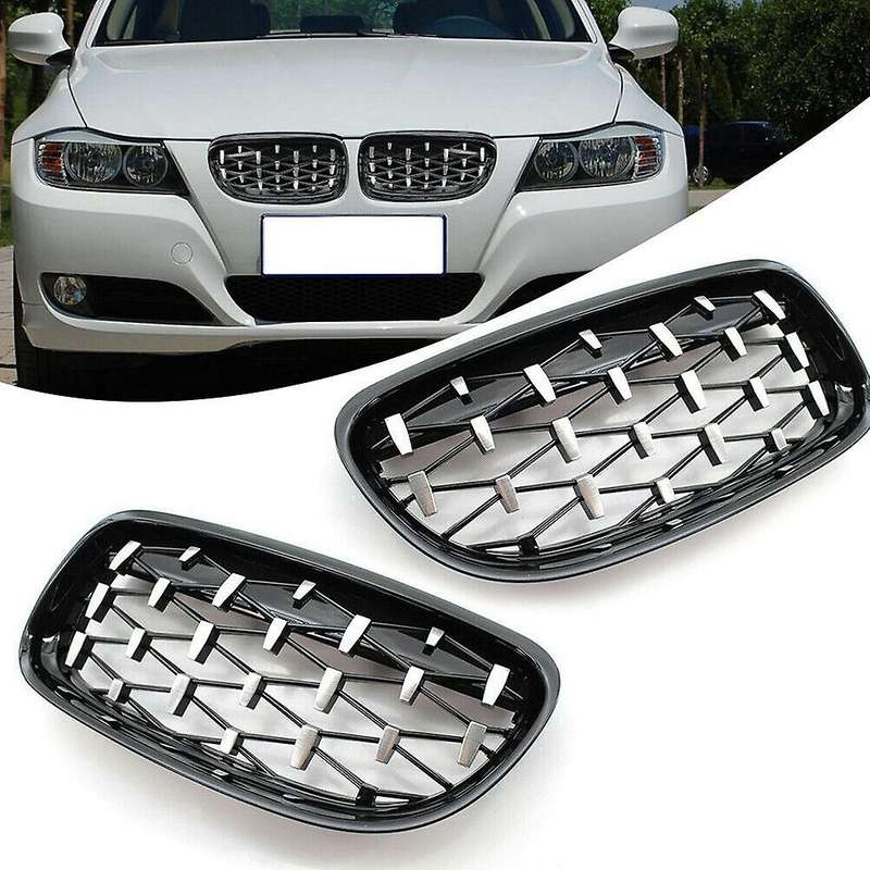 2Pcs Car Front Bumper Hood Kidney Grille Diamond Meteor Racing Grill Chrome+Black for - 3 Series E90
