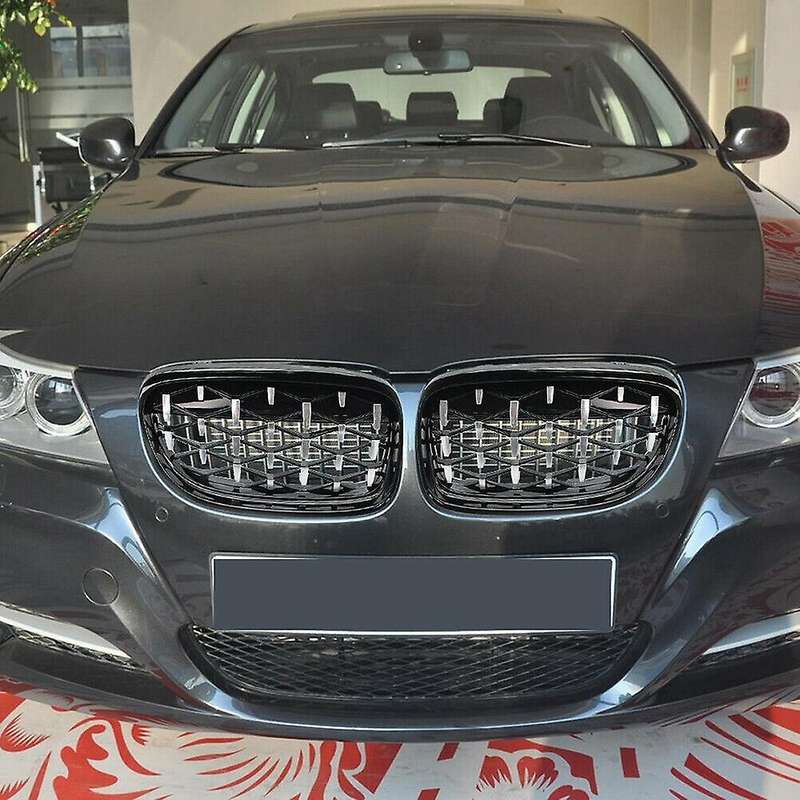 2Pcs Car Front Bumper Hood Kidney Grille Diamond Meteor Racing Grill Chrome+Black for - 3 Series E90