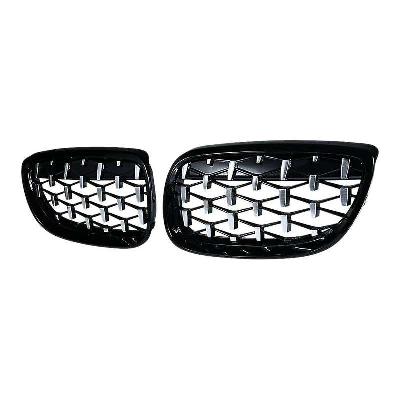 2Pcs Car Front Bumper Hood Kidney Grille Diamond Meteor Racing Grill Chrome+Black for - 3 Series E90