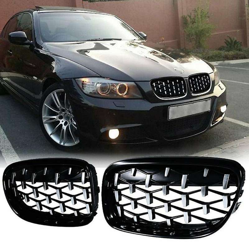2Pcs Car Front Bumper Hood Kidney Grille Diamond Meteor Racing Grill Chrome+Black for - 3 Series E90