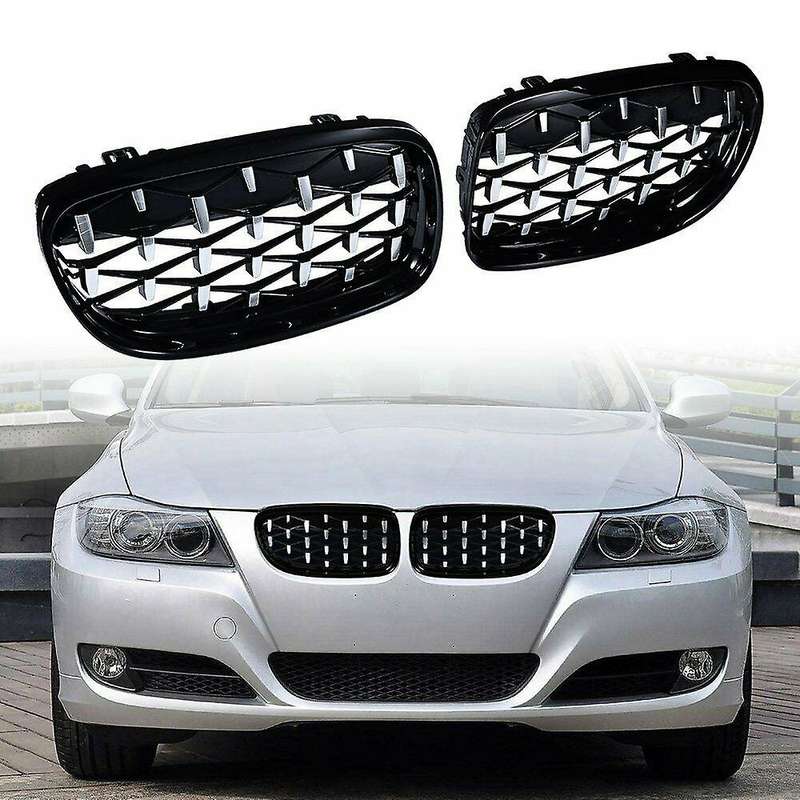 2Pcs Car Front Bumper Hood Kidney Grille Diamond Meteor Racing Grill Chrome+Black for - 3 Series E90