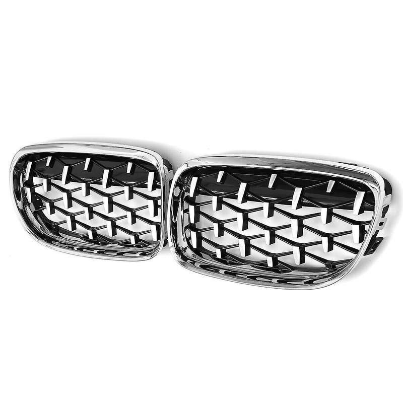 2Pcs Car Front Bumper Hood Kidney Grille Diamond Meteor Racing Grill Painted Chrome for - 3 Series E