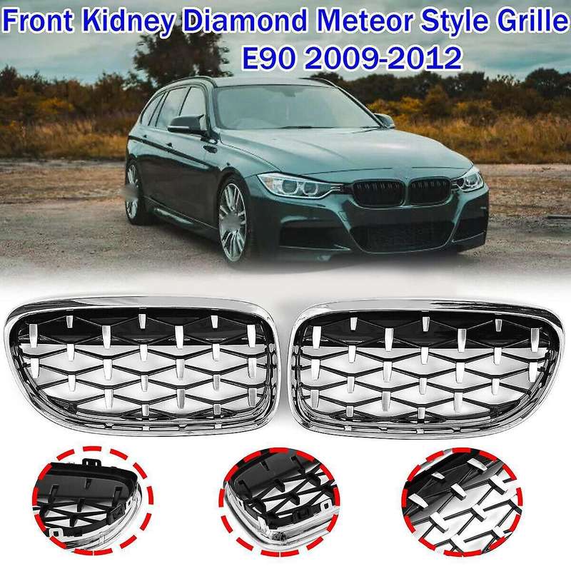 2Pcs Car Front Bumper Hood Kidney Grille Diamond Meteor Racing Grill Painted Chrome for - 3 Series E