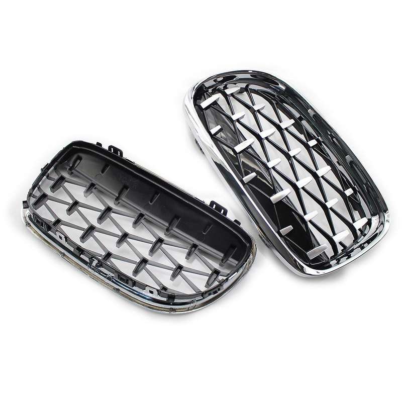 2Pcs Car Front Bumper Hood Kidney Grille Diamond Meteor Racing Grill Painted Chrome for - 3 Series E