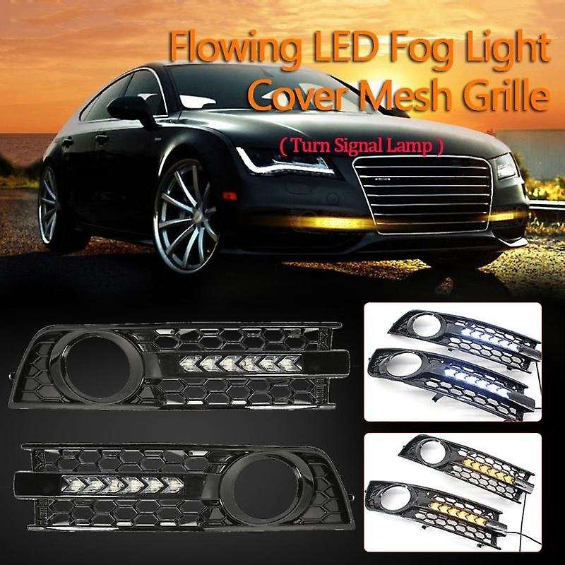2Pcs Car Front Fog Light Grille Flowing LED DRL Daytime Running Light Turn Signal Lamp Mesh Cover Gr