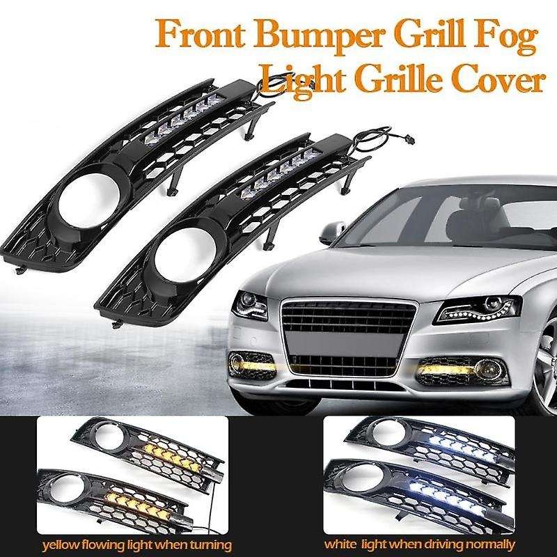 2Pcs Car Front Fog Light Grille Flowing LED DRL Daytime Running Light Turn Signal Lamp Mesh Cover Gr