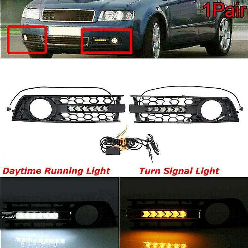2Pcs Car Front Fog Light Grille Flowing LED DRL Daytime Running Light Turn Signal Lamp Mesh Cover Gr
