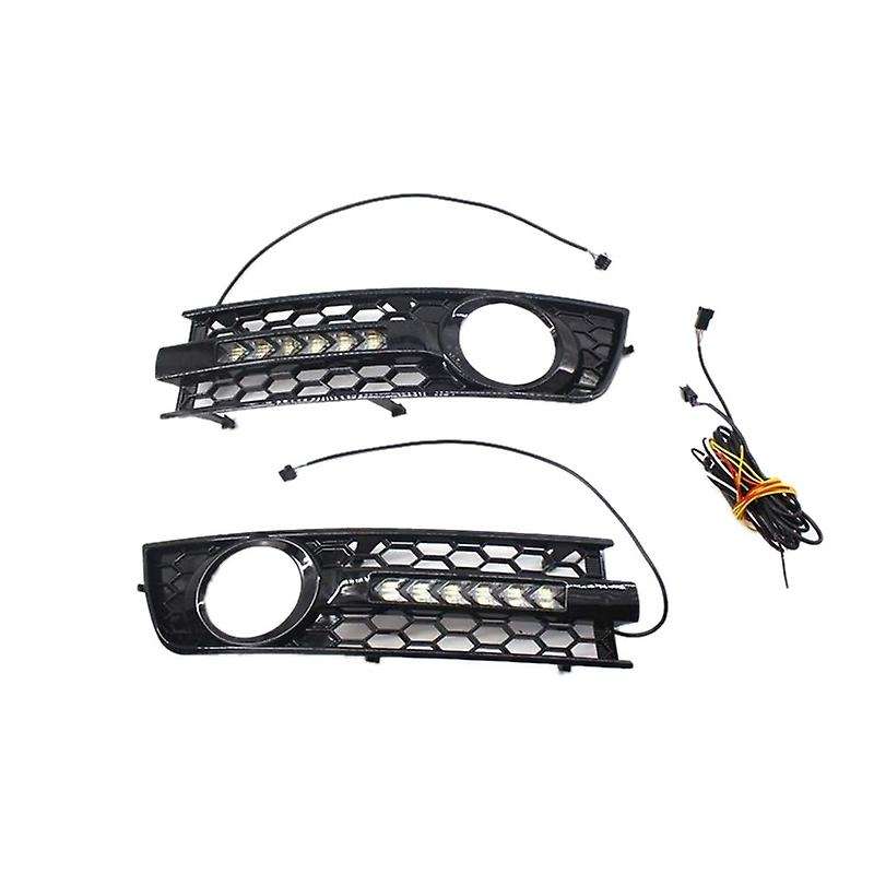 2Pcs Car Front Fog Light Grille Flowing LED DRL Daytime Running Light Turn Signal Lamp Mesh Cover Gr