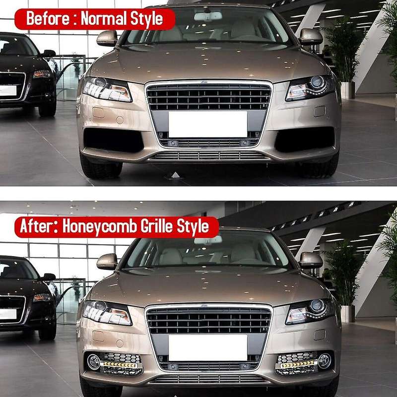 2Pcs Car Front Fog Light Grille Flowing LED DRL Daytime Running Light Turn Signal Lamp Mesh Cover Gr