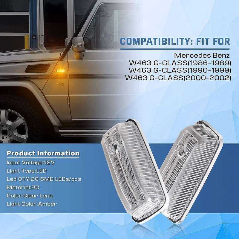 2Pcs Car LED Side Marker Light Assembly Turn Signal Lamps for W463 G-Class 1986-2002 (Clear Lens)