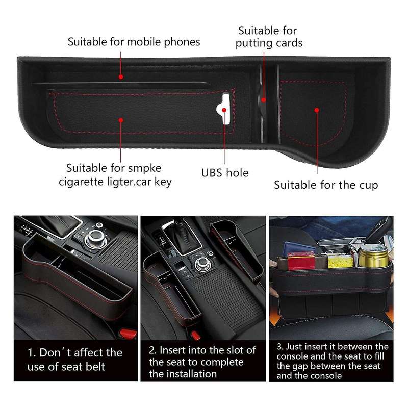 2Pcs Car Seat Space Filler PU Leather Seat Console Organizer Seat Storage Slot Box