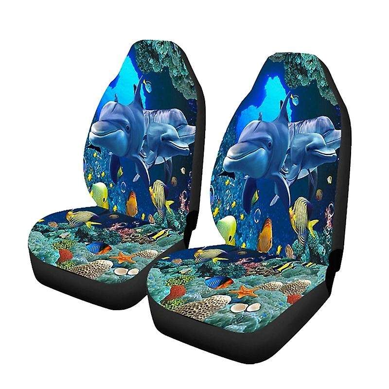 2Pcs Car Universal Underwater World Fish Printed Car Seat Cover Seat Cushion Protector Cover for Car