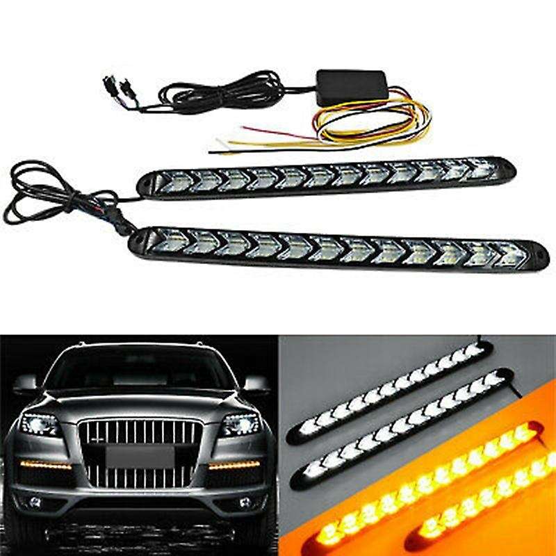 2Pcs Car Universal DRL Daytime Running Light Car Two-Color Led Dynamic Turn Signal Light White Amber