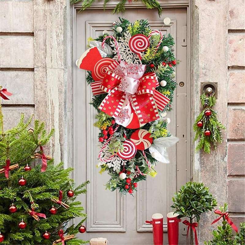 2pcs Christmas Candy Cane Wreath for Front Door Christmas Stairway Decorations Christmas Wreath for