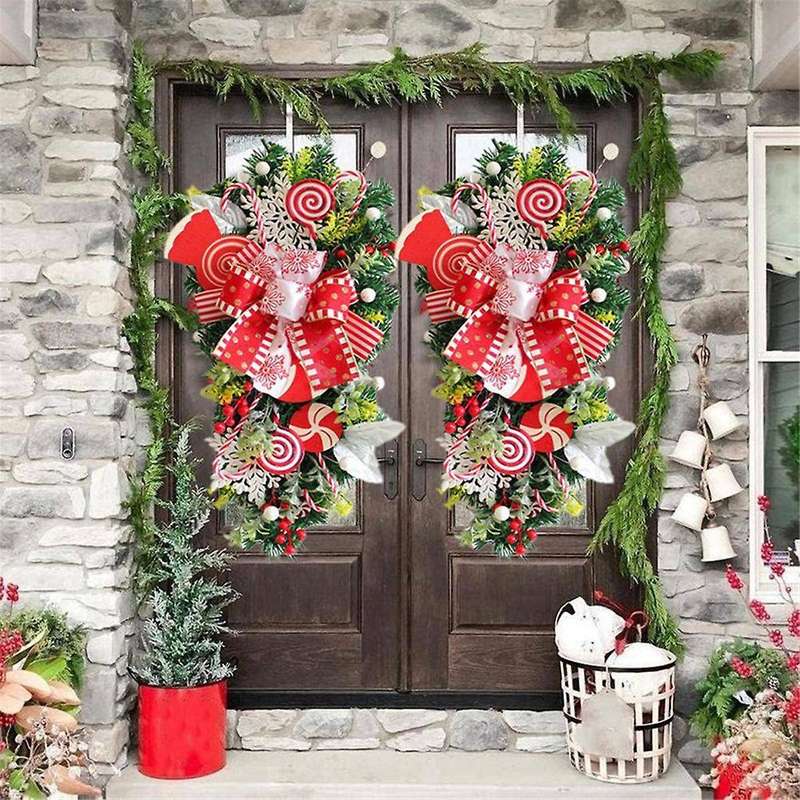 2pcs Christmas Candy Cane Wreath for Front Door Christmas Stairway Decorations Christmas Wreath for