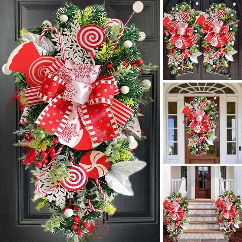 2pcs Christmas Candy Cane Wreath for Front Door Christmas Stairway Decorations Christmas Wreath for