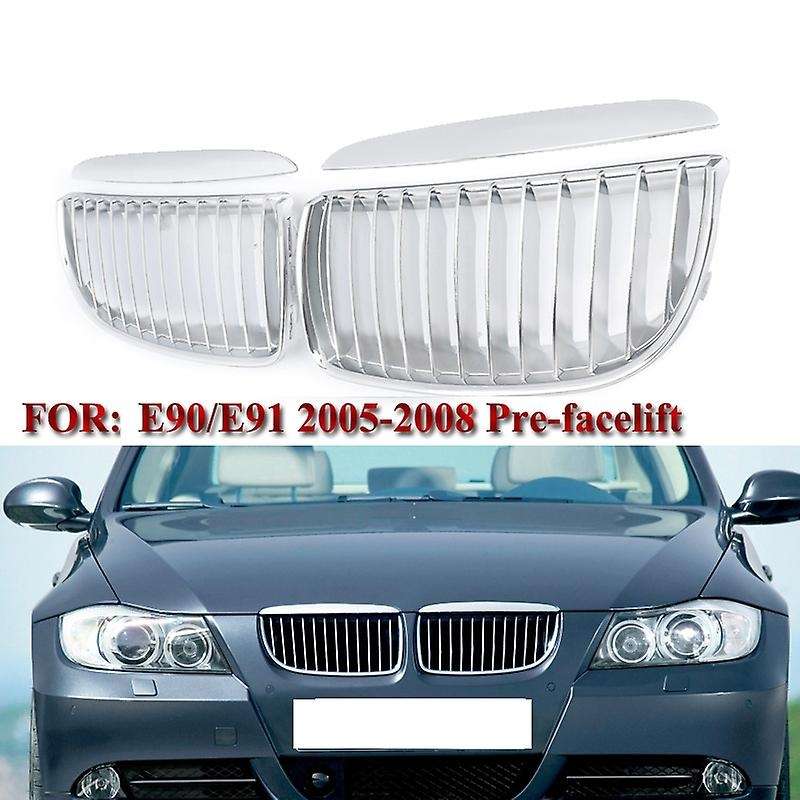 2Pcs Chrome Front Bumper Kidney Grill Grille for E90 E91 320I-335I 4DR Sedan Wagon 2005-2008