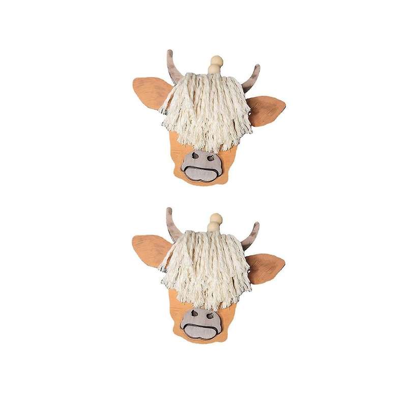 2PCS Cow Head Pendant Macrame Car Charm Horn Wooden Pendant Decorative Cattle Rear View Mirror Hang