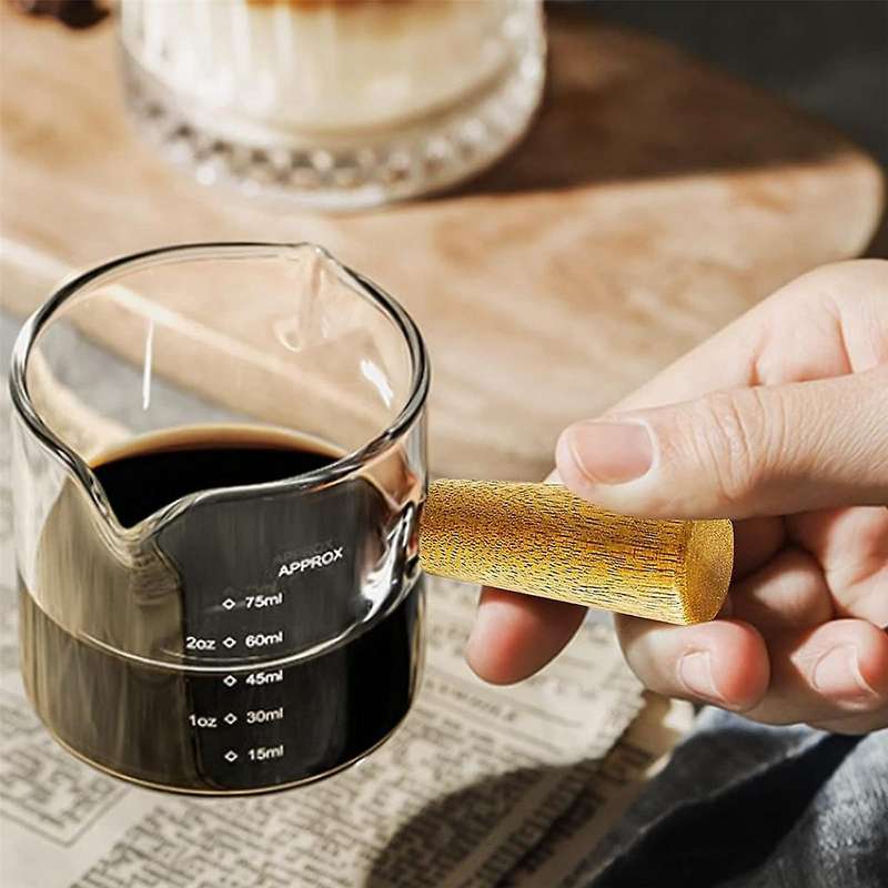 2Pcs Double Spouts Espresso Shot Glasses Measuring Glass Espresso Cups Cookware with Wood Handle for