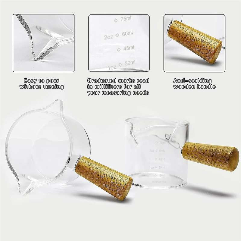 2Pcs Double Spouts Espresso Shot Glasses Measuring Glass Espresso Cups Cookware with Wood Handle for