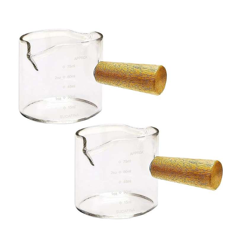 2Pcs Double Spouts Espresso Shot Glasses Measuring Glass Espresso Cups Cookware with Wood Handle for