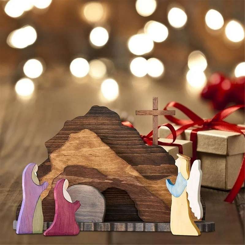 2PCS Easter Scene Wooden Decorations Resurrection Scene Ornaments Manger Creche Nativity Set Crafts