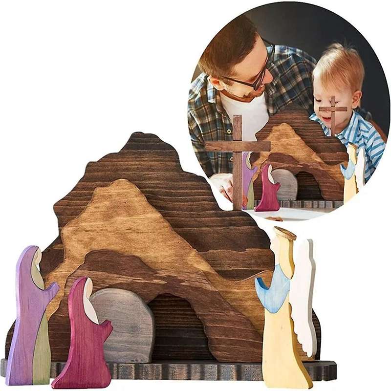 2PCS Easter Scene Wooden Decorations Resurrection Scene Ornaments Manger Creche Nativity Set Crafts