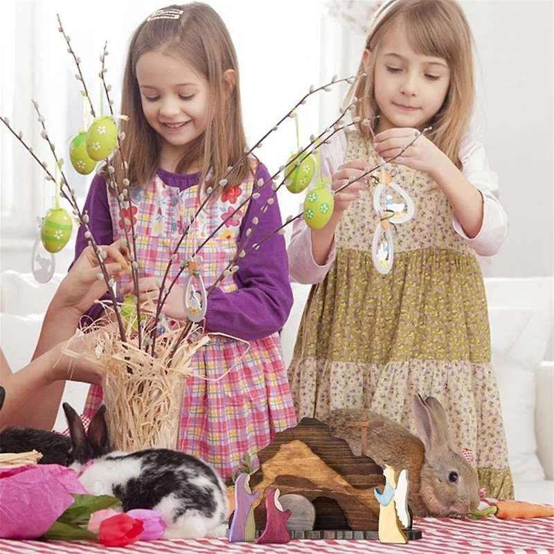 2PCS Easter Scene Wooden Decorations Resurrection Scene Ornaments Manger Creche Nativity Set Crafts