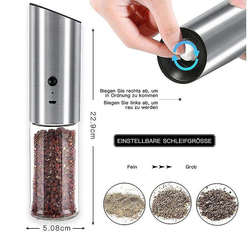 2Pcs Electric Pepper Grinder,USB Charging Adjustable Coarse Grain, Capacity 170Ml,Stainless Steel Re