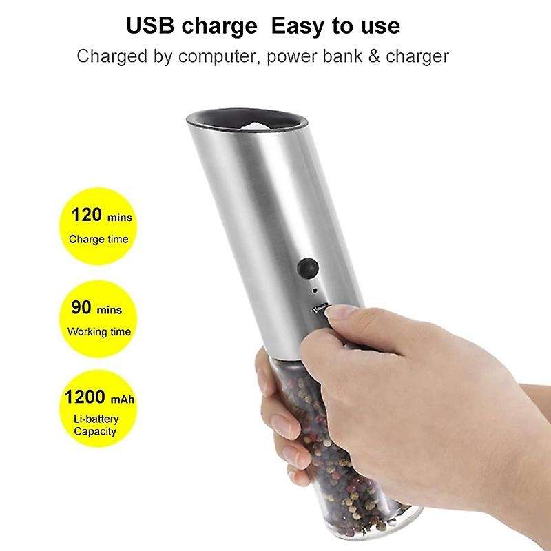 2Pcs Electric Pepper Grinder,USB Charging Adjustable Coarse Grain, Capacity 170Ml,Stainless Steel Re