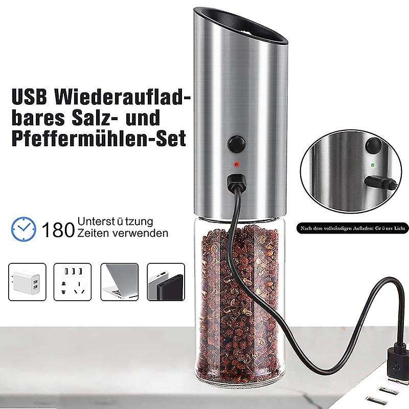 2Pcs Electric Pepper Grinder,USB Charging Adjustable Coarse Grain, Capacity 170Ml,Stainless Steel Re