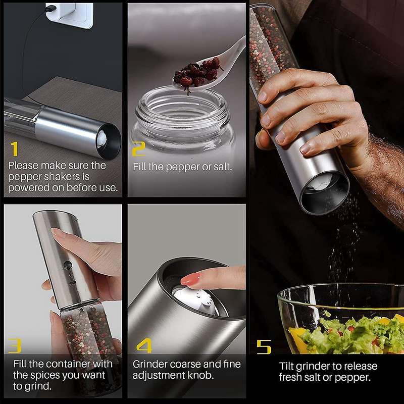 2Pcs Electric Pepper Grinder,USB Charging Adjustable Coarse Grain, Capacity 170Ml,Stainless Steel Re